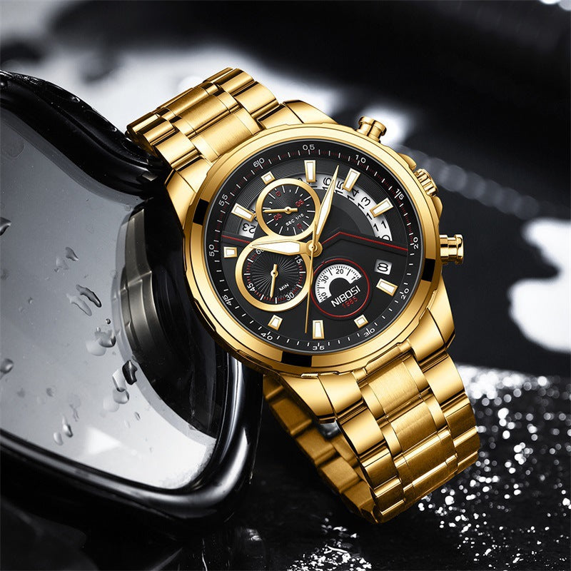 Men&#039;s Watch Solid Steel Band Left 3-eye Six-pin Multifunctional Quartz Watch Luminous Waterproof